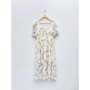 August Sky Ivory Yellow Floral Smocked Square Neck Midi Dress Size S